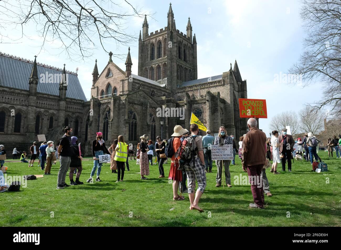 Hereford, Herefordshire, UK – Wednesday 31st March 2021 – Protesters demonstrate on the Cathedral Green against the new Police, Crime, Sentencing and Courts Bill ( PCSC ) which they feel will limit their rights to legal protest. Photo Steven May / Alamy Live News Stock Photo