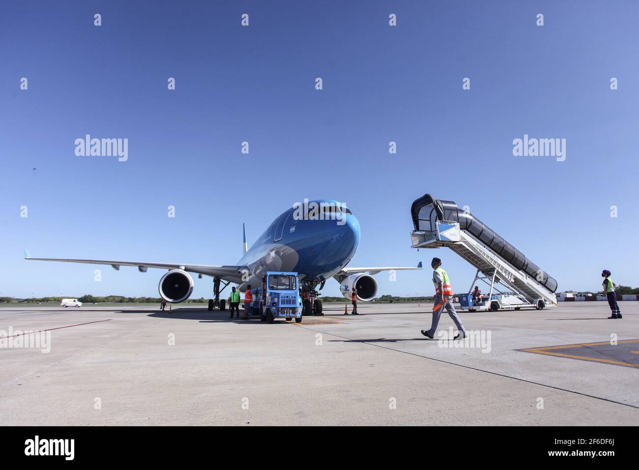 Buenos Aires, Argentina. 30th Mar, 2021. Flight number 1067 of Aerolineas Argentinas seen at Ezeiza Airport. The tenth flight of Aerolineas Argentinas sent to Russia to bring 300,000 doses of Sputnik V vaccines against the coronavirus arrived today, at the Ezeiza International Airport. Credit: SOPA Images Limited/Alamy Live News Stock Photo