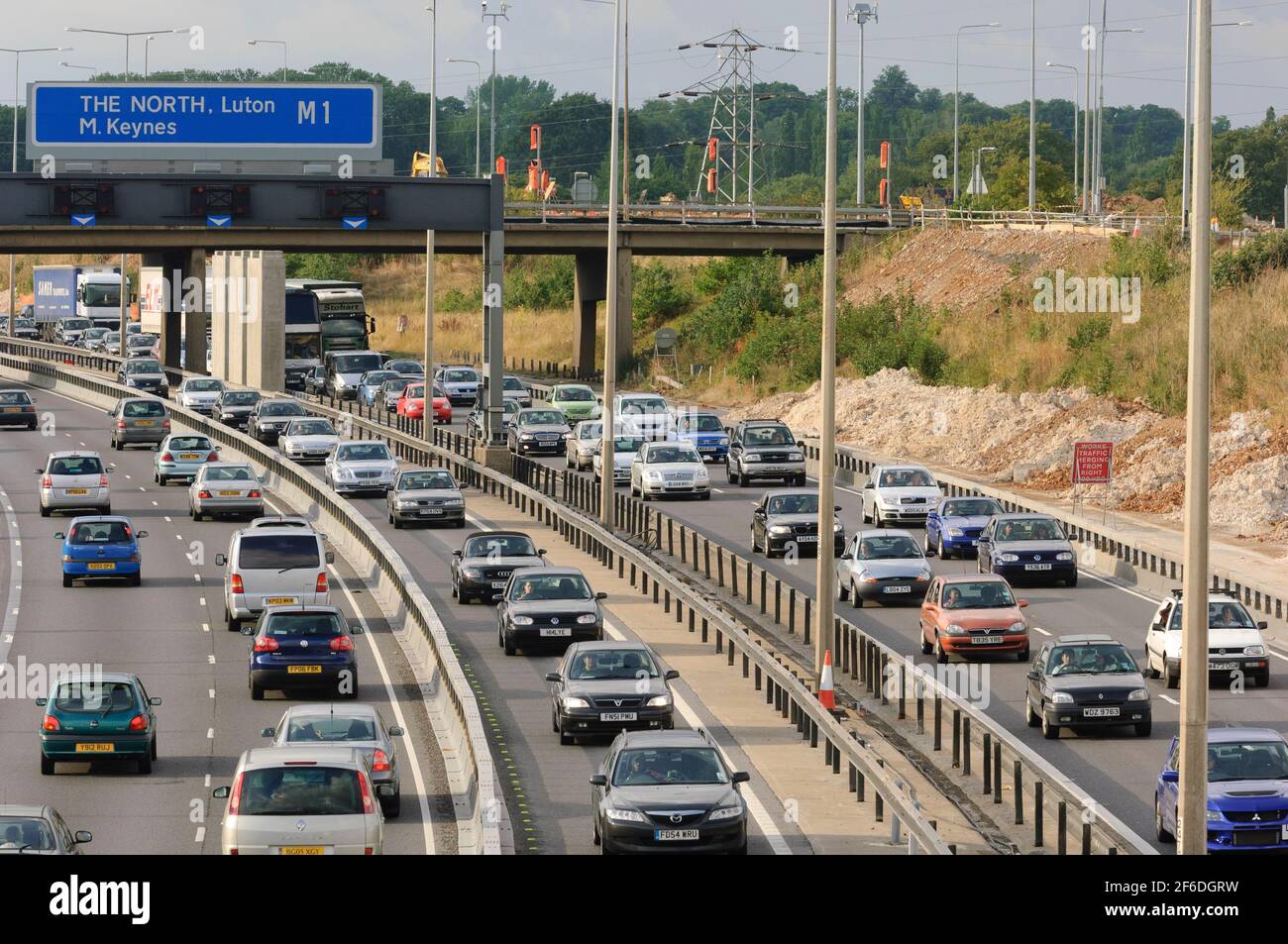 Heavy traffic going through a contraflow on M1 motorway near Luton