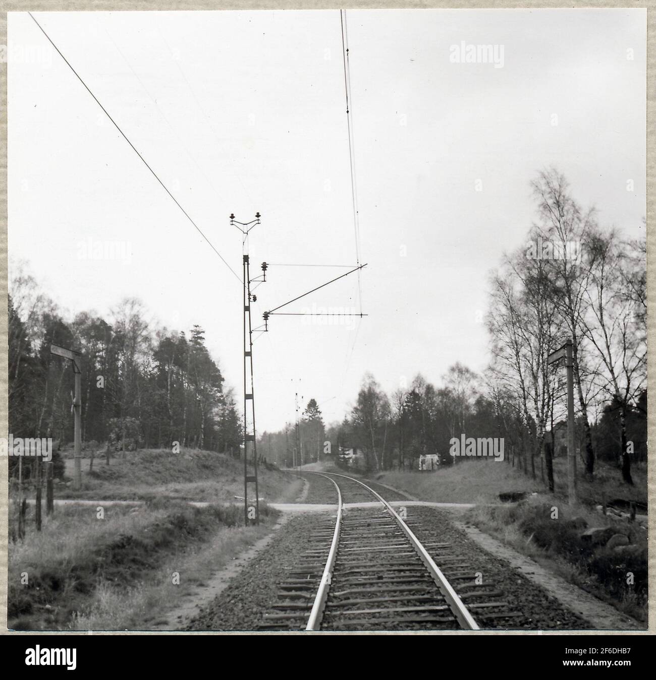Railway transition during cross forest, on the route between Finja and Tyringe. Stock Photo