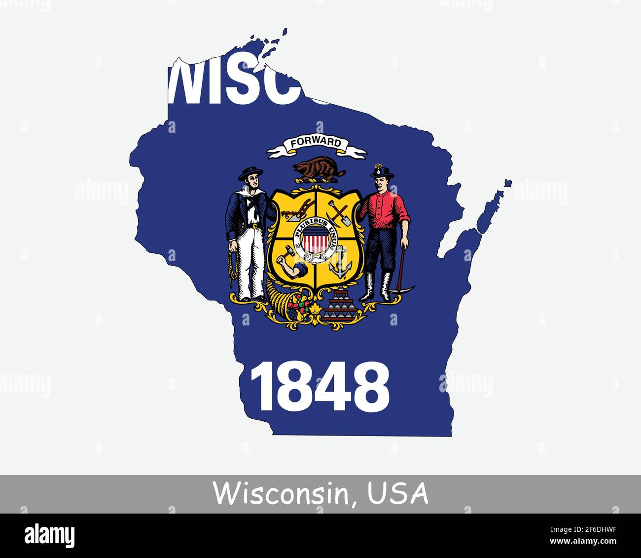 Wisconsin Map Flag. Map of WI, USA with the state flag isolated on a white background. United States, America, American, United States of America, US Stock Vector
