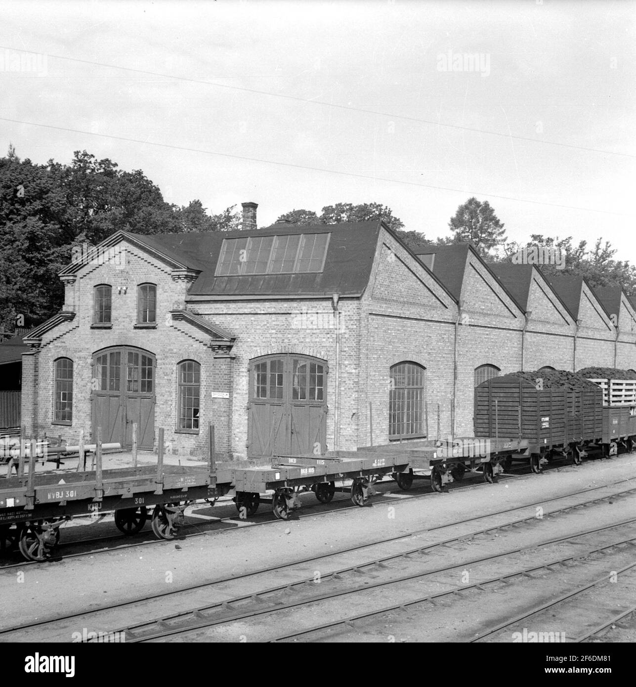 Karlshamn's railway workshops with various freight wagons in the foreground, including KVBJ 301, BKB 1115, BKB 1128. Stock Photo