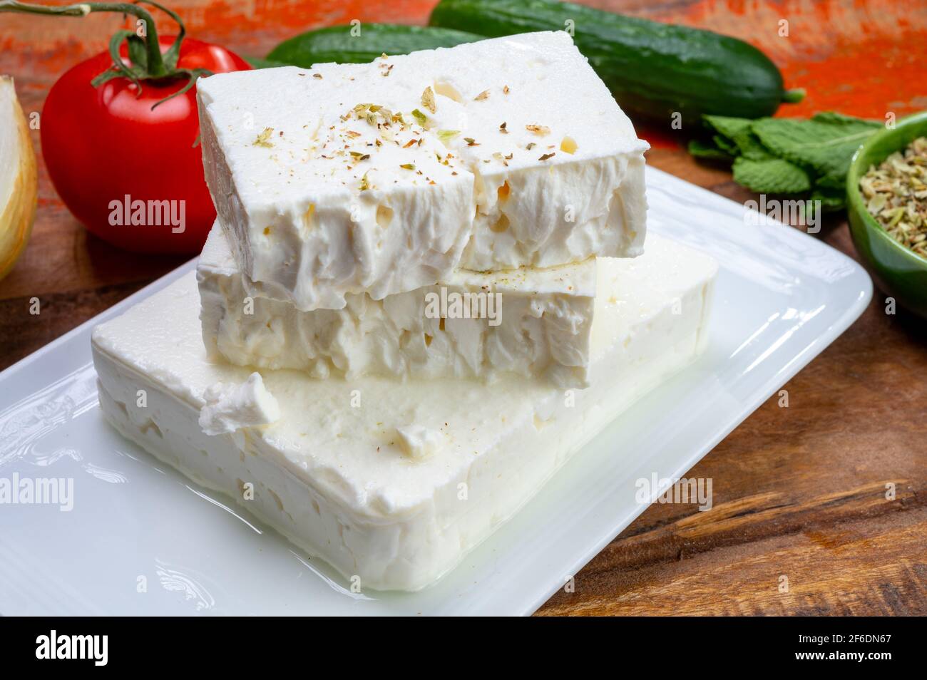 Cheese collection, white Greek salty feta cheese ready to eat close up ...