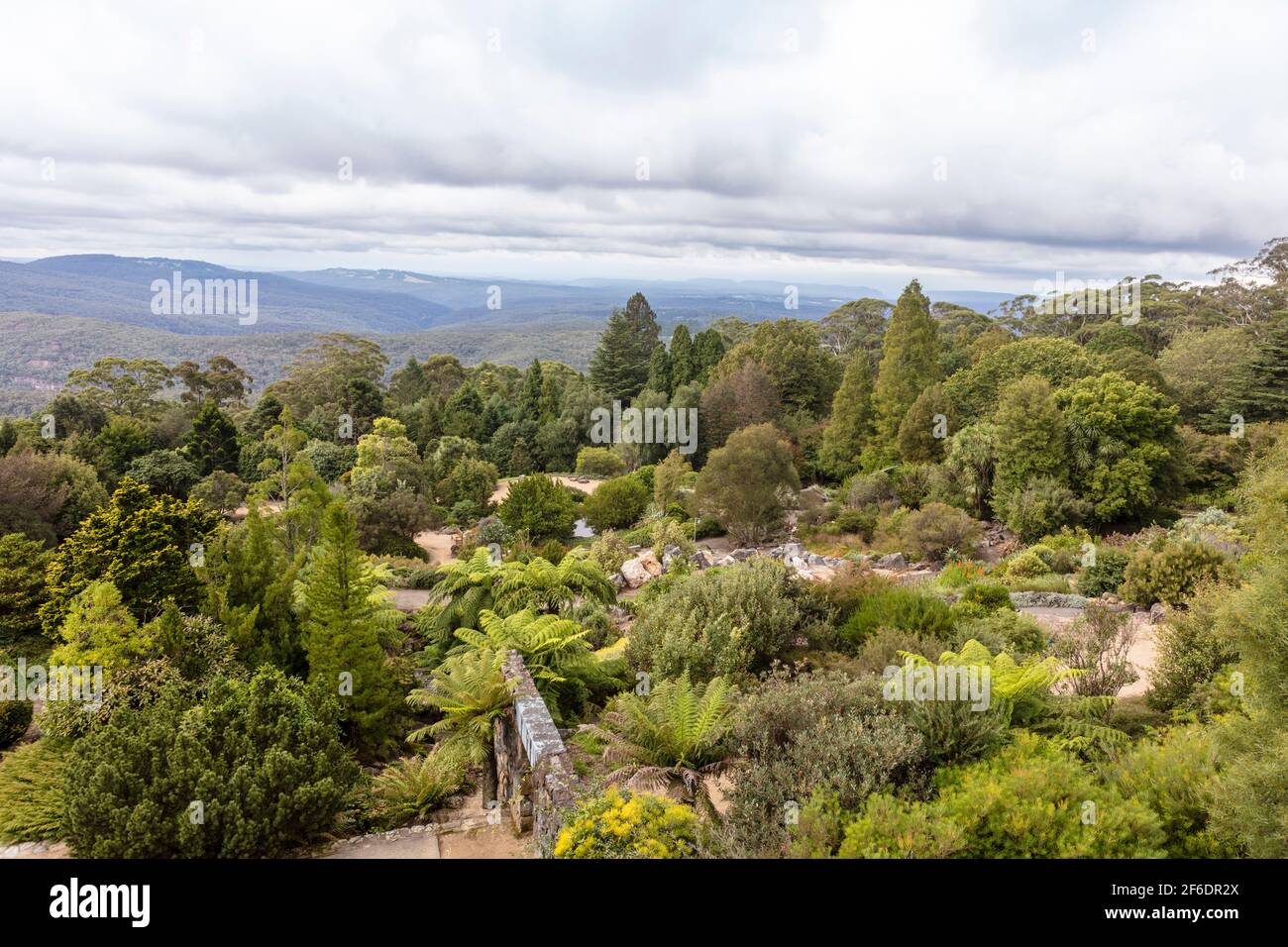 Scenic view of the the Blue Mountains at the Botanic Garden near Sydney, Australia. Stock Photo