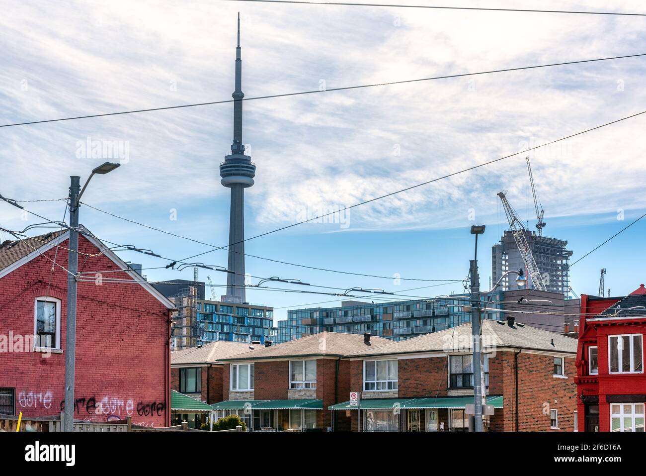 The CN Tower, a Canadian symbol and International Landmark, is seen from an unusual point of view Stock Photo