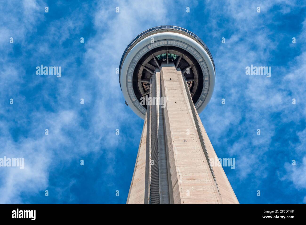 The CN Tower, a Canadian symbol and International Landmark, is seen from an unusual point of view Stock Photo