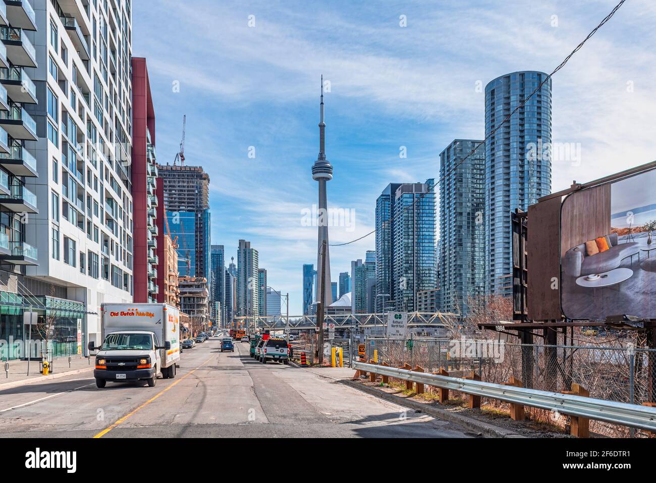 The CN Tower, a Canadian symbol and International Landmark, is seen from an unusual point of view Stock Photo