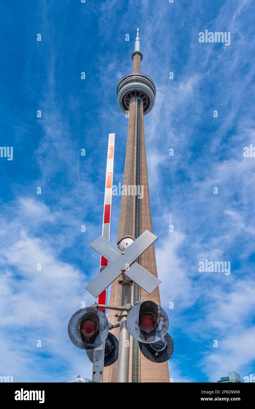 The CN Tower, a Canadian symbol and International Landmark, is seen from an unusual point of view Stock Photo