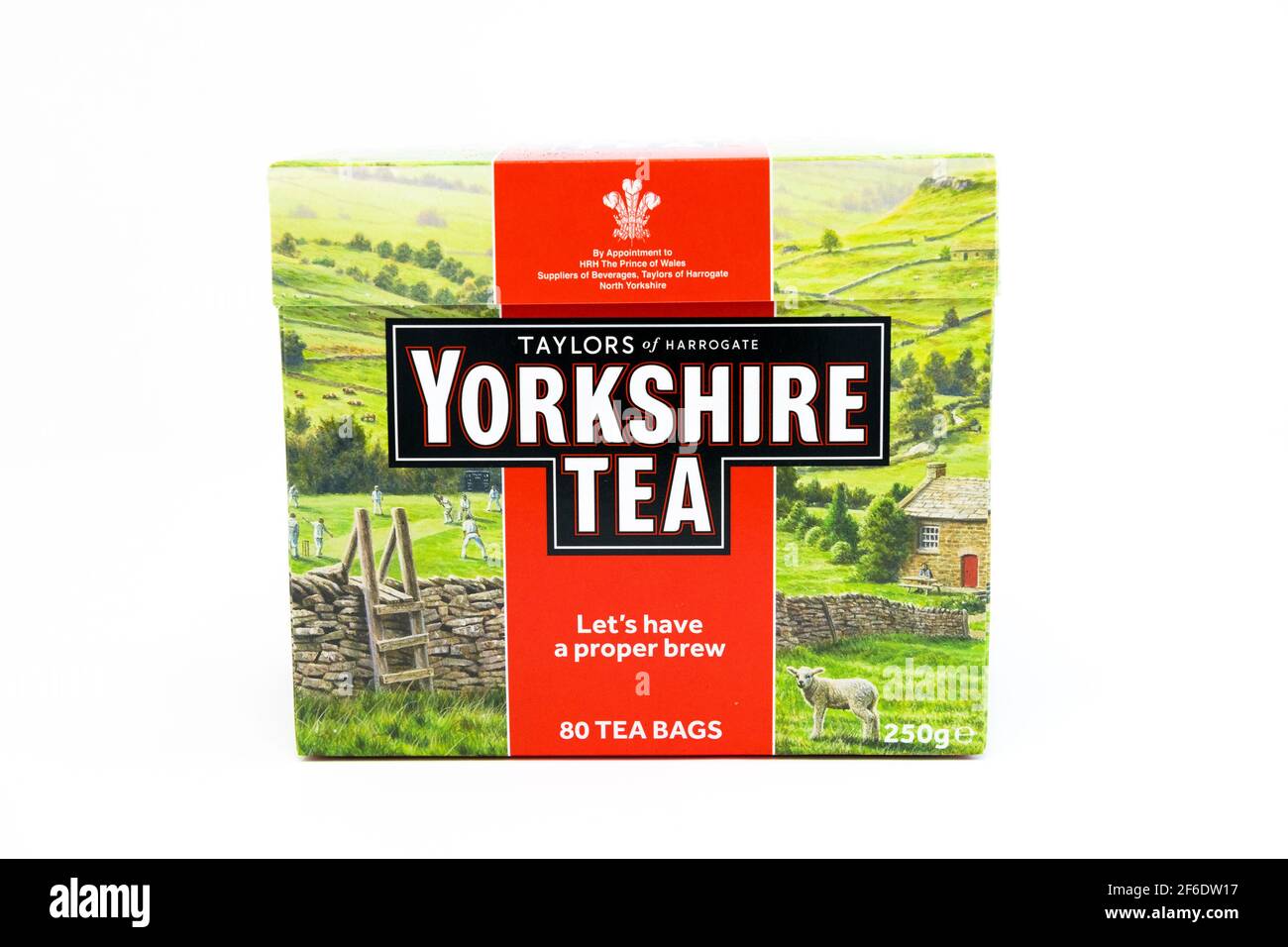Carboard box of Taylors of Harrogate Yorkshire tea bags. Stock Photo