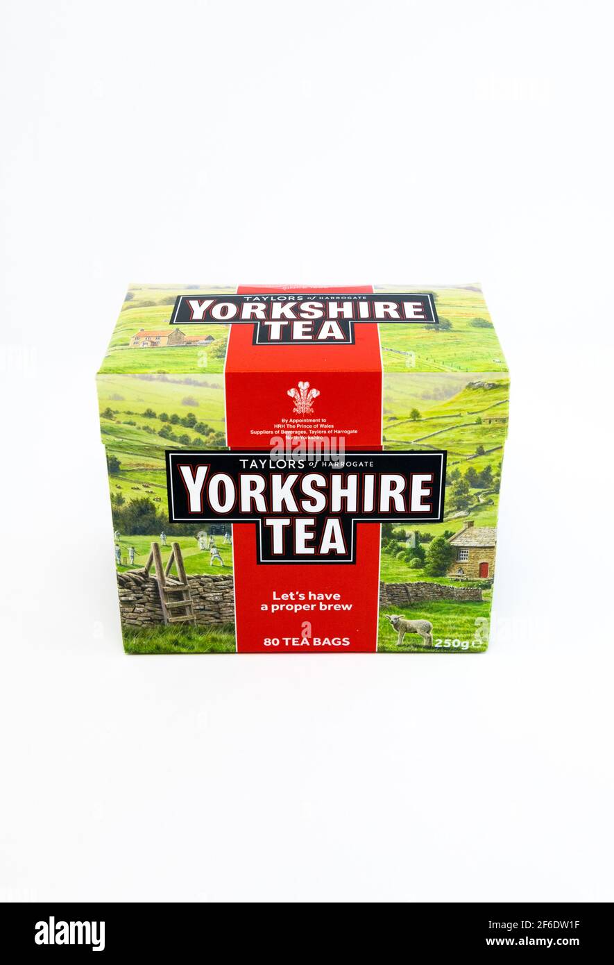Carboard box of Taylors of Harrogate Yorkshire tea bags. Stock Photo