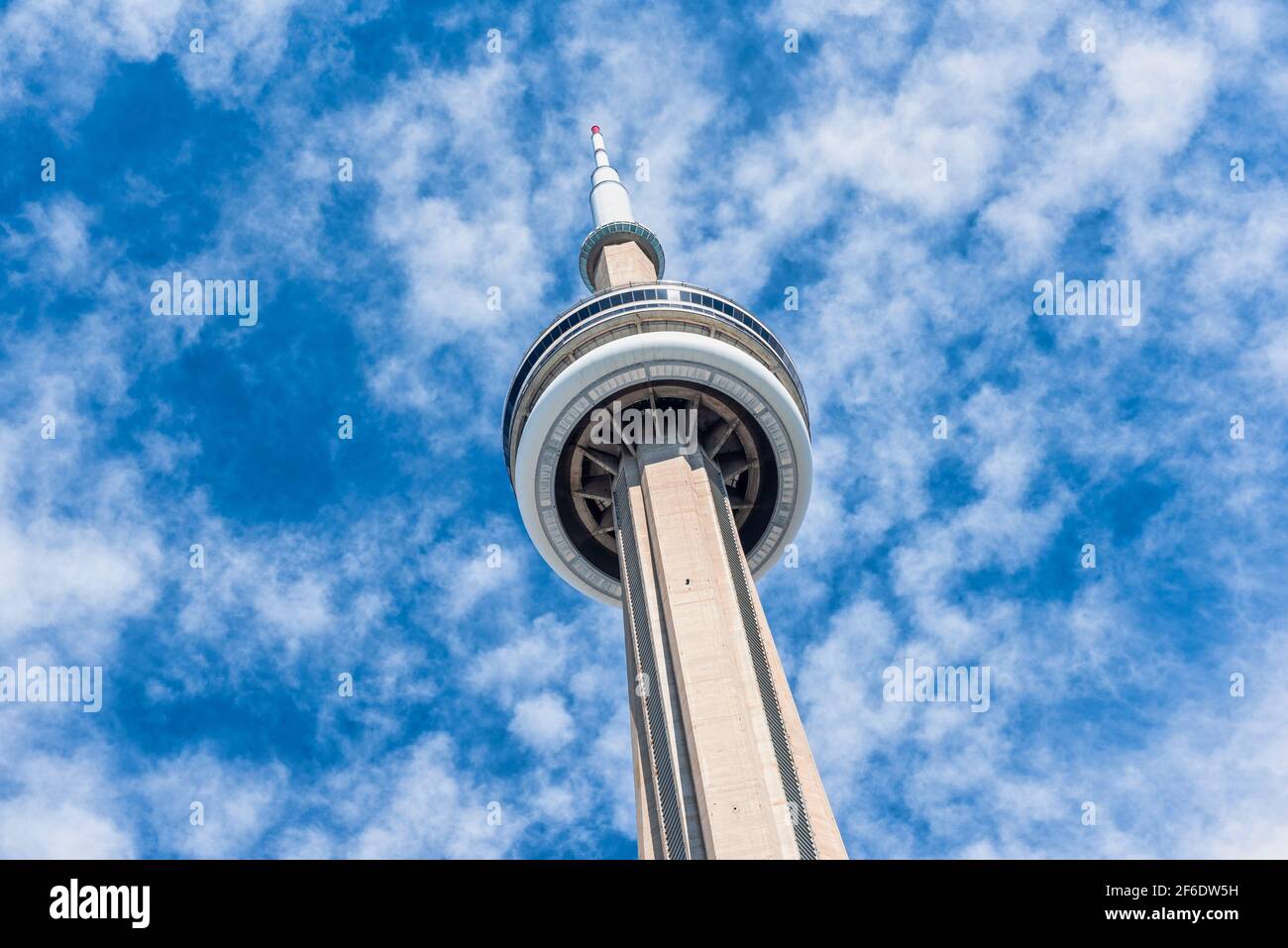 The CN Tower, a Canadian symbol and International Landmark, is seen from an unusual point of view Stock Photo