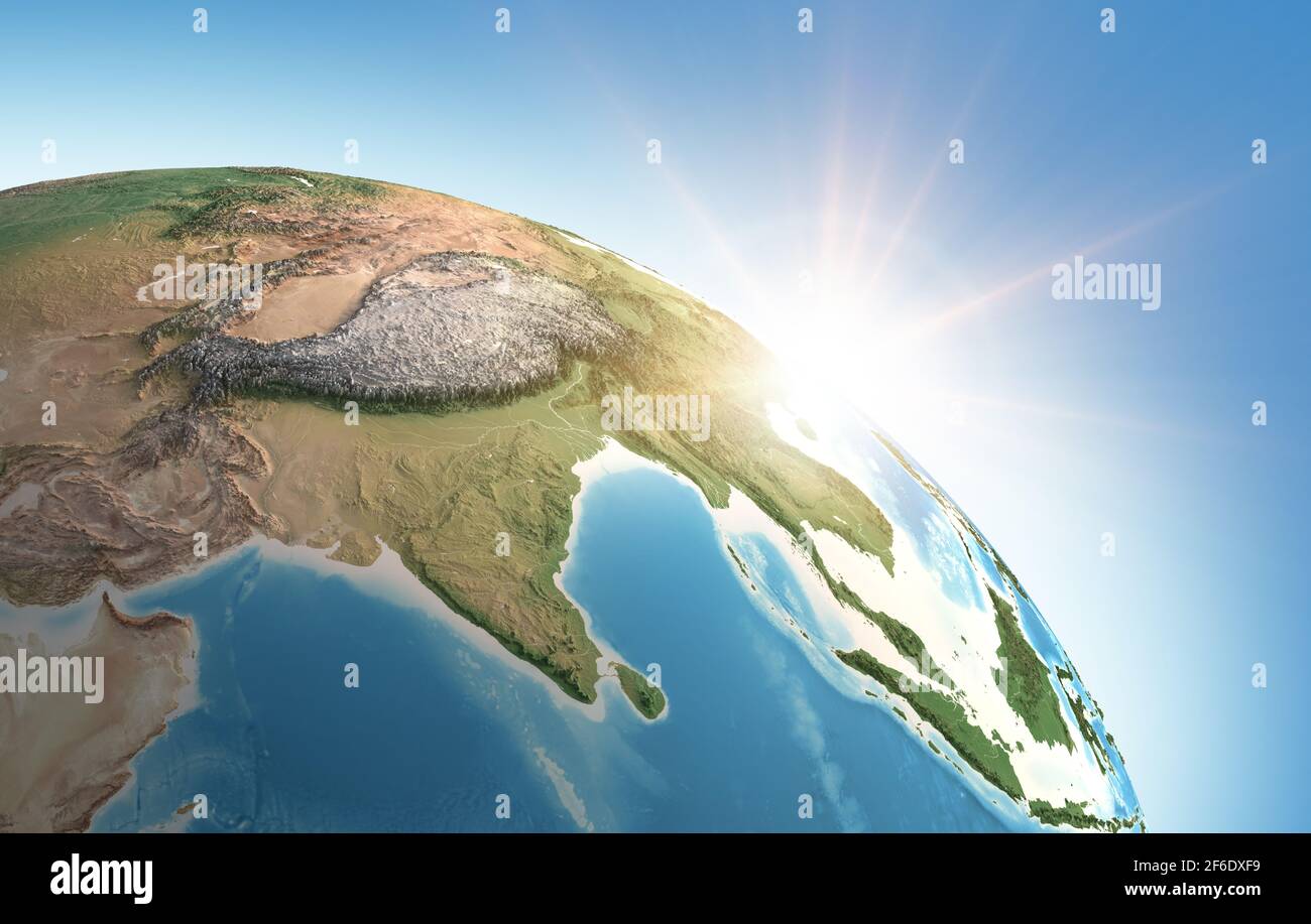 Sun shining over a high detailed view of Planet Earth, focused on Asia, India, Himalayas and Tibet - Elements furnished by NASA Stock Photo