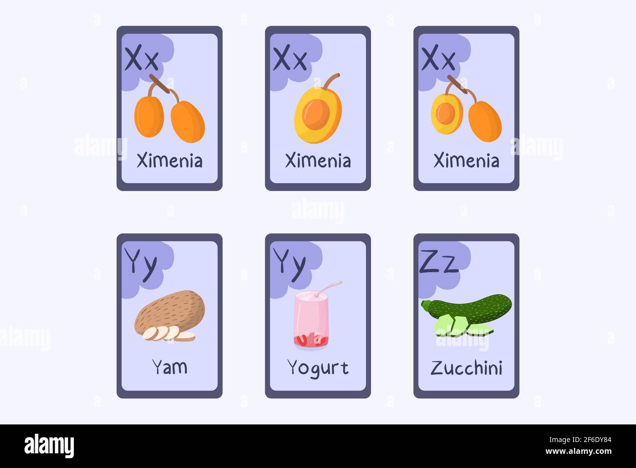 Colorful alphabet flashcard Letters X,Y, Z - ximenia, yam, yogurt, zucchini. Stock Vector