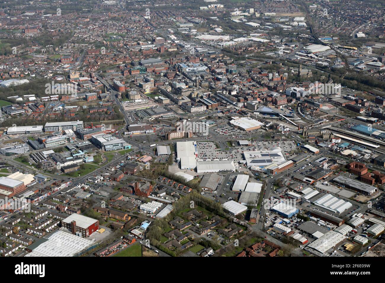aerial view of the Bolton town centre skyline, with Bolton Shopping Park prominent in the foreground, Greater Manchester Stock Photo