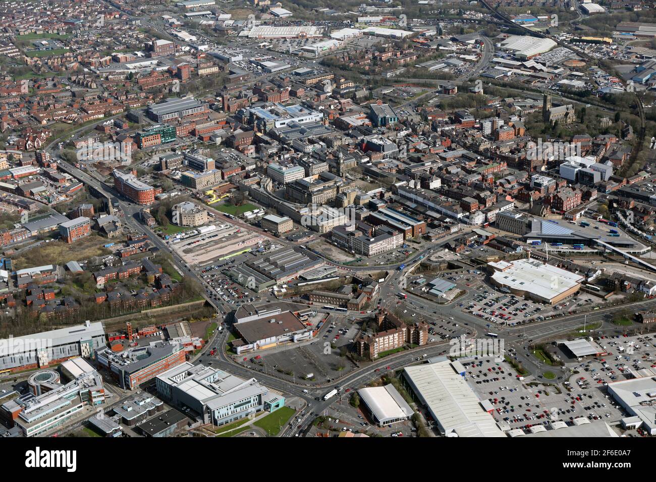 aerial view of the Bolton town centre skyline with Bolton Shopping Outlet, Bolton Market and Morrisons supermarket prominent in the foreground Stock Photo