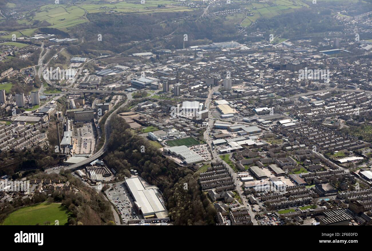 aerial view of Halifax from the North West looking down Pellon Lane towards the town centre, with Crossley Retail Park prominent in foreground Stock Photo