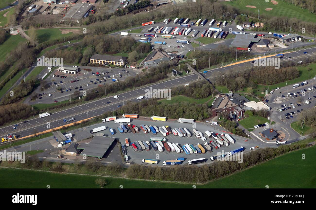 aerial view of Hartshead Moor Services, Motorway services on the M62 near Brighouse, West Yorkshire Stock Photo