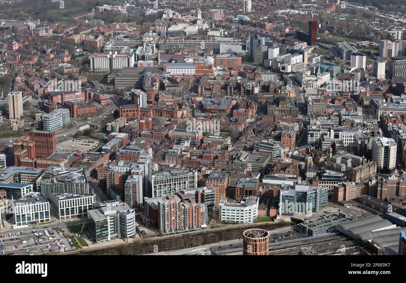 aerial view of the Leeds city centre skyline from the South, West Yorkshire. 2021 Stock Photo