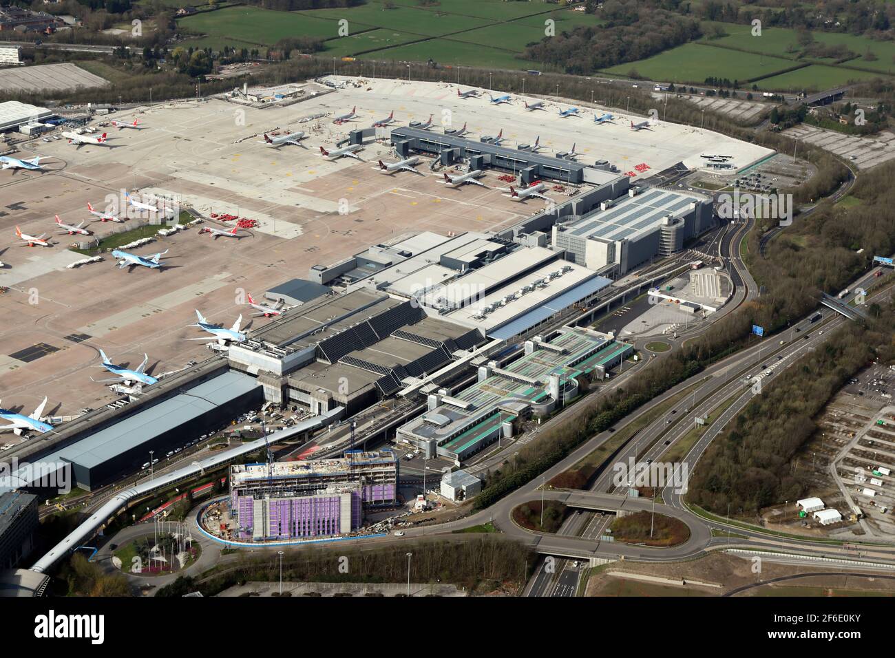 aerial view of Manchester Airport looking across Terminal 2 building, taken 30th March 2021 Stock Photo