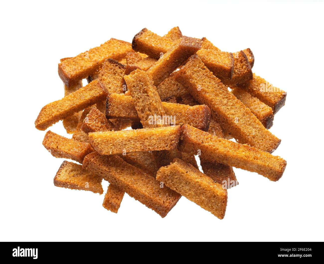 Pile of rye bread croutons, salted bread sticks isolated on white background Stock Photo