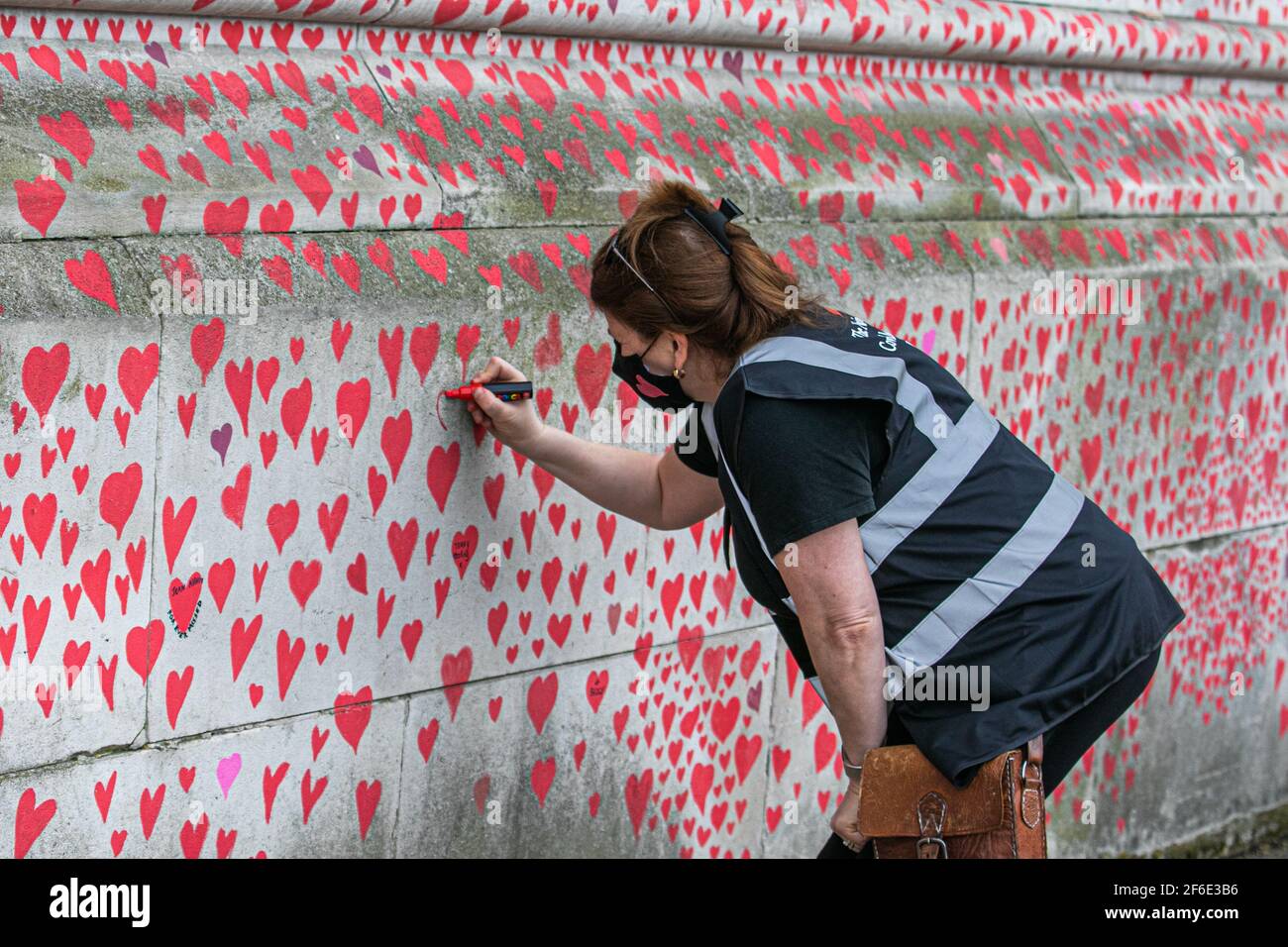 WESTMINSTER LONDON, UK 31 March 2021. Individual red hearts are painted by NHS volunteers along  the new National Covid Memorial Wall opposite Parliament on the Thames embankment which has been created by the Covid-19 Bereaved Families for Justice to remember each of the lives lost to the coronavirus pandemic thought to be responsible for more than 125,000 deaths in the UK over the past 12 months  Credit amer ghazzal/Alamy Live News Stock Photo