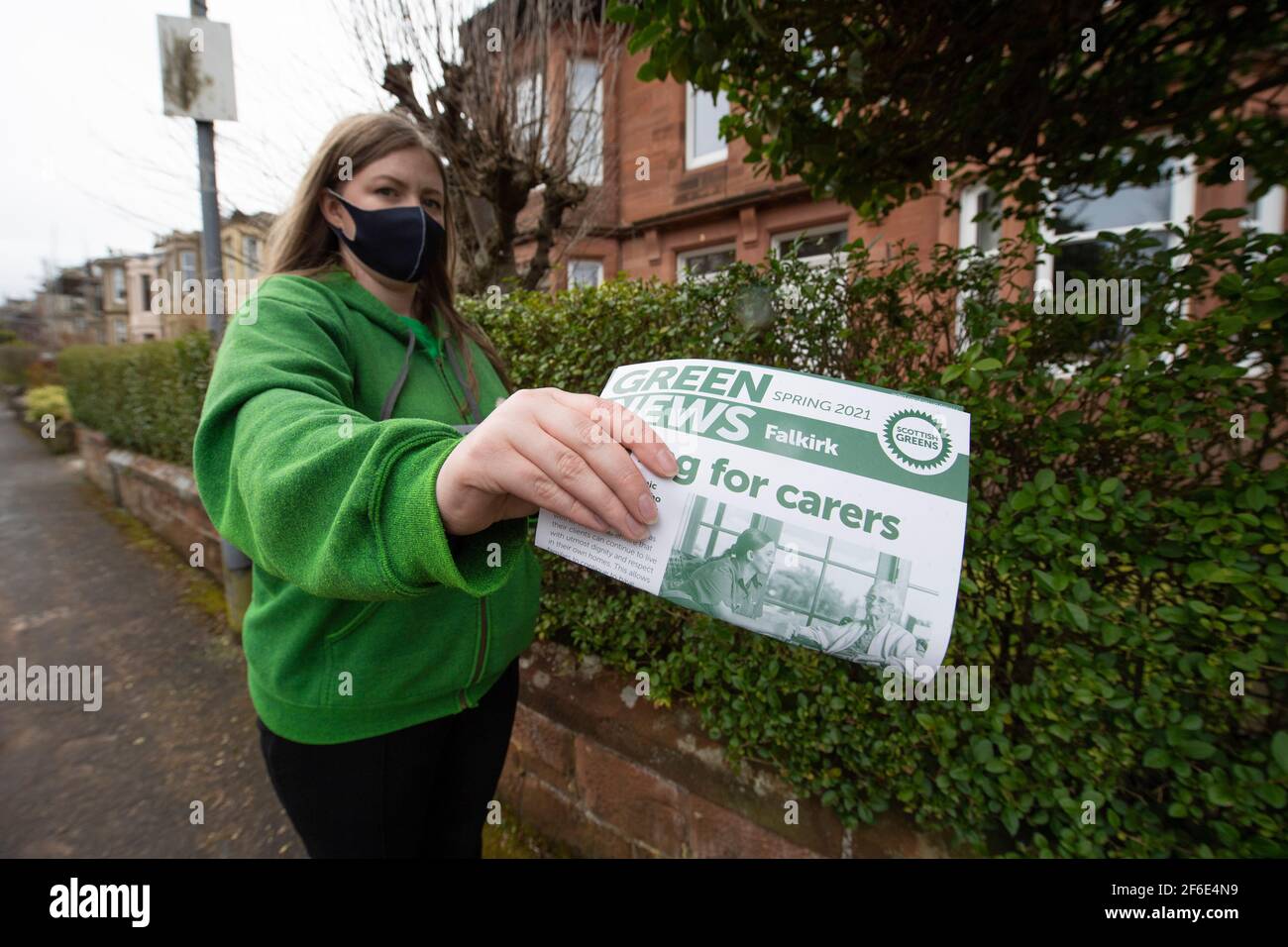 Falkirk, Scotland, UK. 31st Mar, 2021. PICTURED: Gillian Mackay, candidate for Central Scotland. Scottish Greens co-leader Lorna Slater is joined on the campaign trail in Falkirk by Central Scotland candidate Gillian Mackay. Ms Slater will set out the party's new deal for renters. Credit: Colin Fisher/Alamy Live News Stock Photo