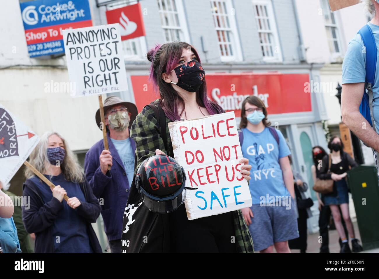 Hereford, Herefordshire, UK – Wednesday 31st March 2021 – Protesters gather to hear speeches in Hereford city centre against the Police, Crime, Sentencing and Courts Bill ( PCSC ). Approx 200 demonstrators attended the protest  - The PCSC Bill will limit their rights to legal protest. Photo Steven May / Alamy Live News Stock Photo