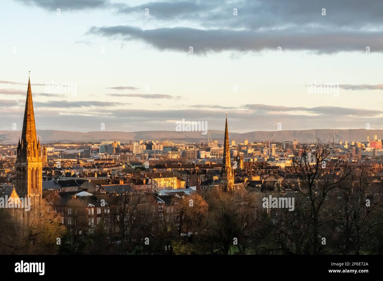 Sunrise in Glasgow southside looking north across the city. Stock Photo