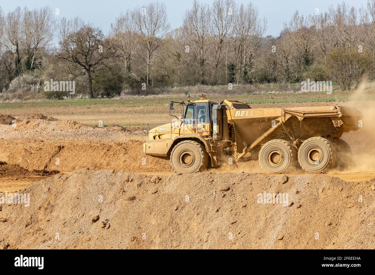 Bell B40D Articulated Truck. working at Hanson Aggregates new quarry along the Nene Valley between Cogenhoe and Grendan Northamptonshire, Engalnd, UK. Stock Photo