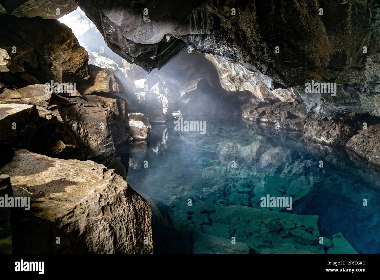 Grjótagjá cave, Iceland. 22nd May, 2015. Grjotagja, small lava cave near lake Myvatn with thermal spring inside, in northern Iceland. Stock Photo