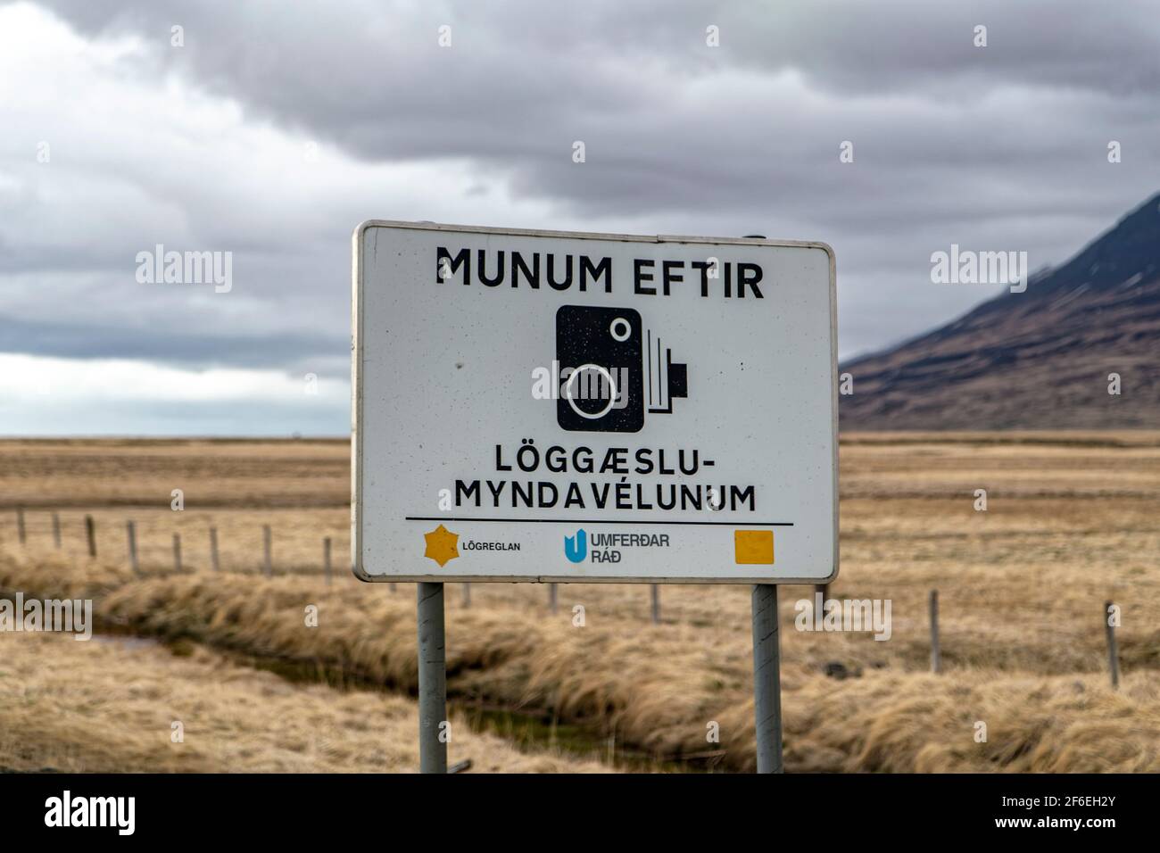 Miklabæjarkirkja, Iceland. 23rd May, 2015. Road sign warning of a speed  camera near Miklabæjarkirkja on the Ring Road in North Iceland Stock Photo  - Alamy