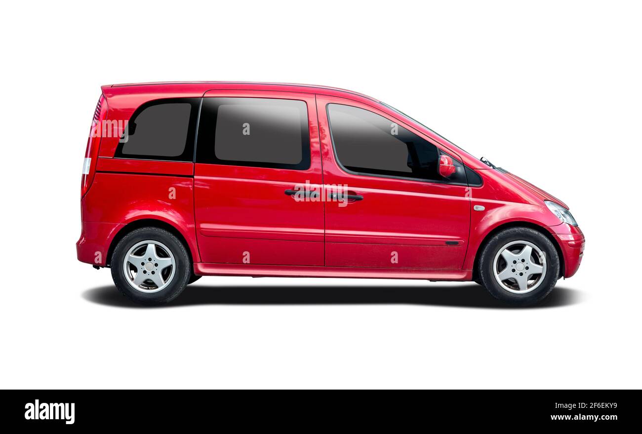 Red German MPV car side view isolated on white background Stock Photo