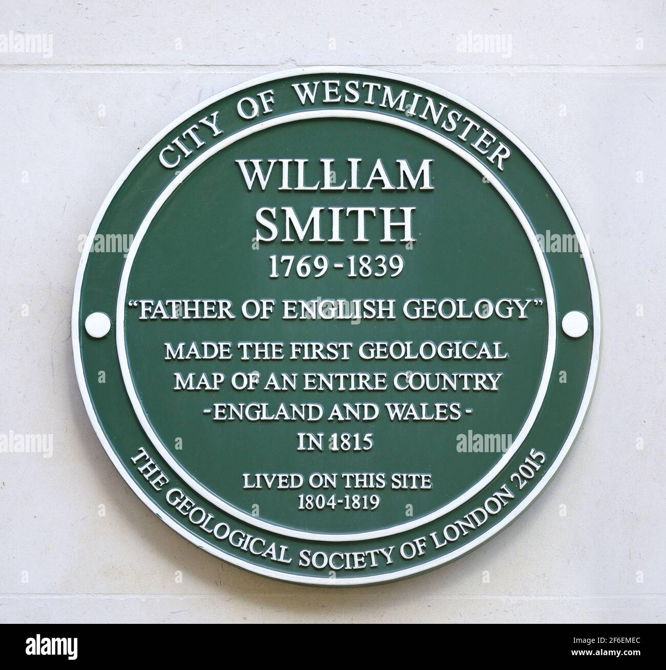 London, UK. Commemorative plaque at 15 Buckingham Street, WC2: 'William Smith 1769-1839 'Father of English Geology' made the first map of an entire co Stock Photo
