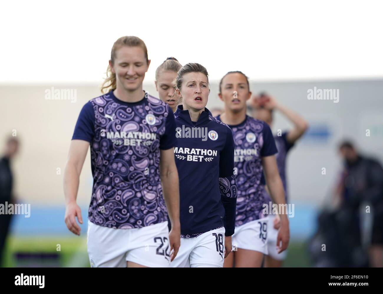 Manchester City's Ellen White (centre) warming up before the 2021 UEFA Women's Champions League match at the Manchester City Academy Stadium, Manchester. Picture date: Wednesday March 31, 2021. Stock Photo
