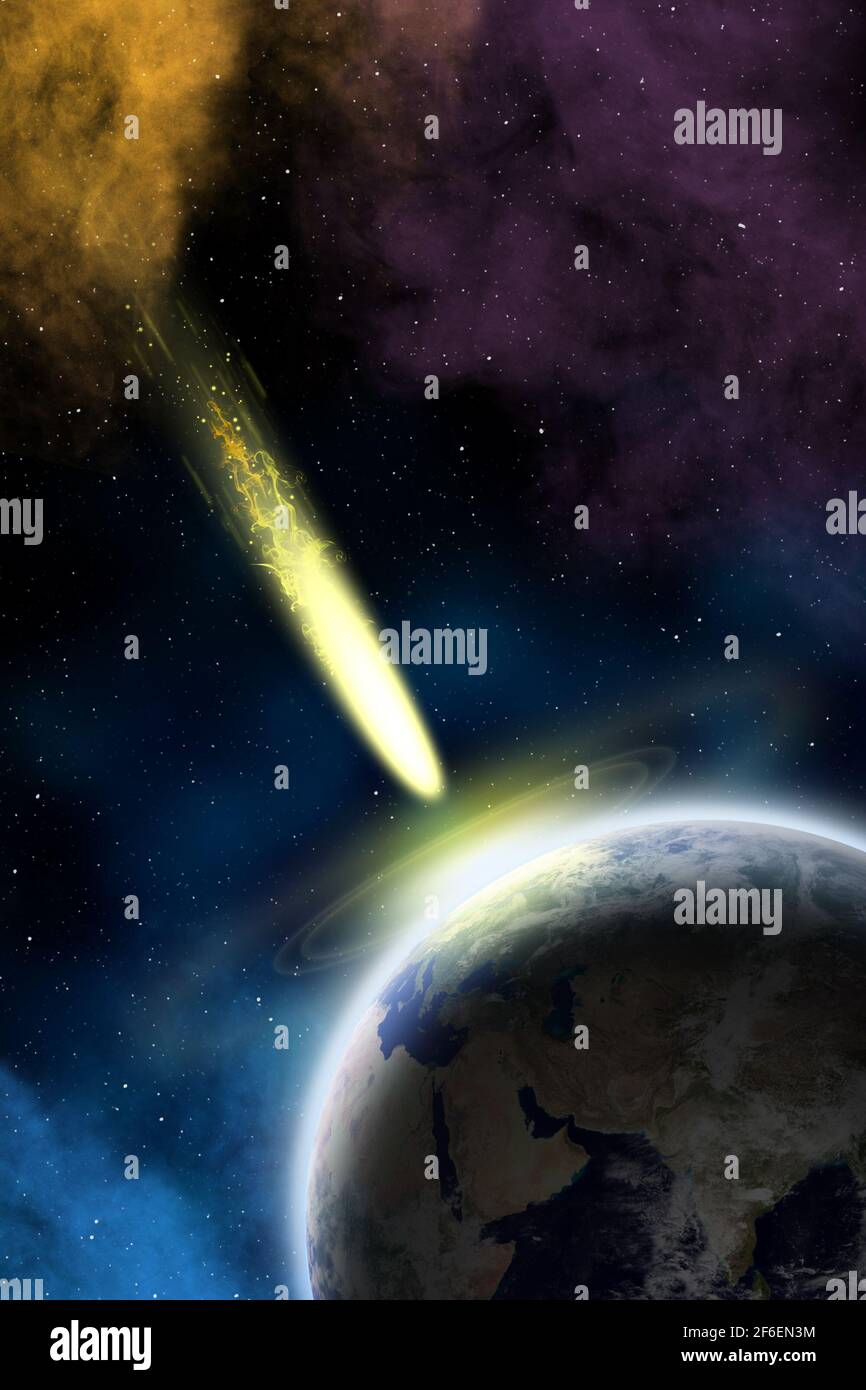 Earth in space with a flying asteroid. Asteroid impact. Apocalypse (elements furnished by NASA). Stock Photo