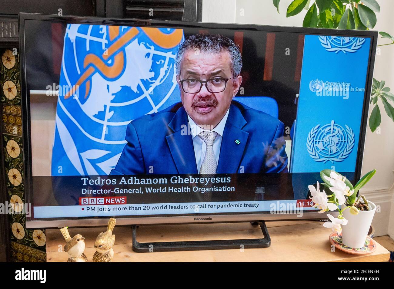Director General of the World Health Organisation, Tedros Adhanom Ghebreyesus being interview on BBC news regarding the Coronavirus pandemic. Stock Photo