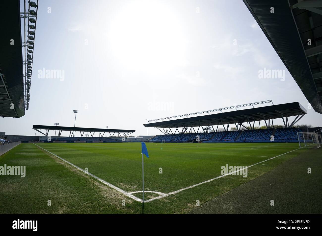 A general view of the pitch before the 2021 UEFA Women's Champions League match at the Manchester City Academy Stadium, Manchester. Picture date: Wednesday March 31, 2021. Stock Photo