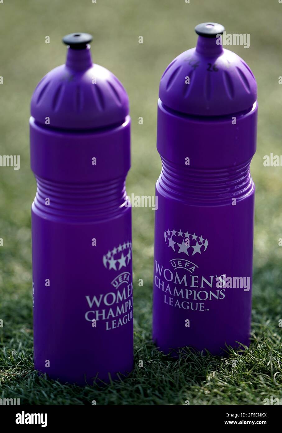 UEFA Women's Champions League branded drinks bottles during the 2021 UEFA Women's Champions League match at the Manchester City Academy Stadium, Manchester. Picture date: Wednesday March 31, 2021. Stock Photo