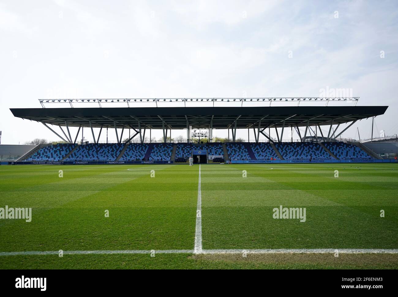 A general view of the pitch before the 2021 UEFA Women's Champions League match at the Manchester City Academy Stadium, Manchester. Picture date: Wednesday March 31, 2021. Stock Photo
