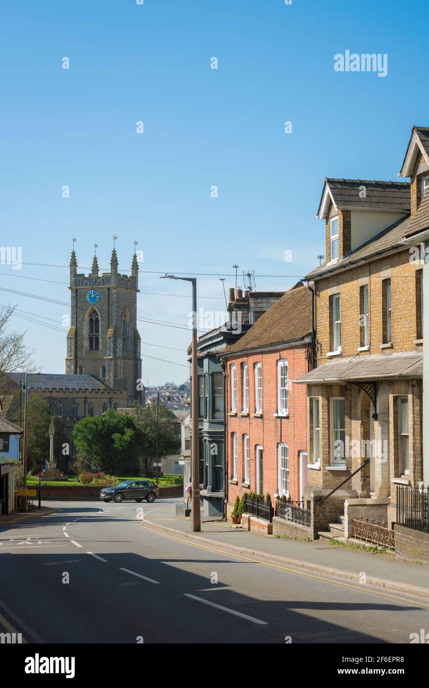Essex UK, view along Head Street towards St Andrew's Parish Church sited in the centre of the traditional market town of Halstead, Essex, UK Stock Photo