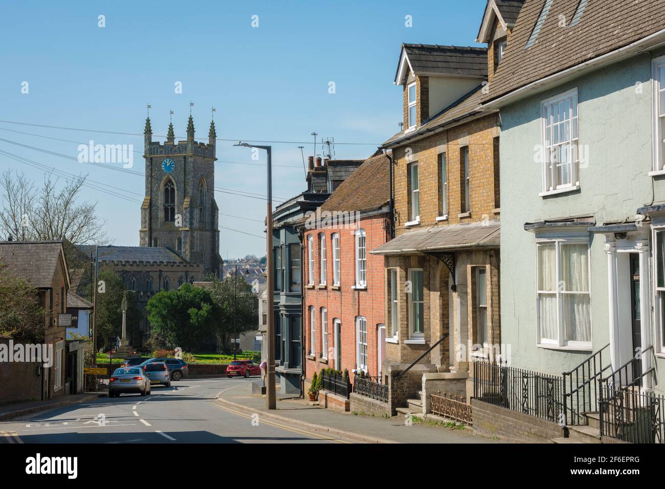 Halstead town Essex, view along Head Street towards St Andrew's Parish Church sited in the centre of Halstead town, Essex, UK Stock Photo