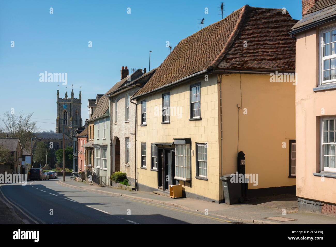 Halstead Essex, view along Head Street towards St Andrew's Parish Church sited in the centre of Halstead town, Essex, UK Stock Photo