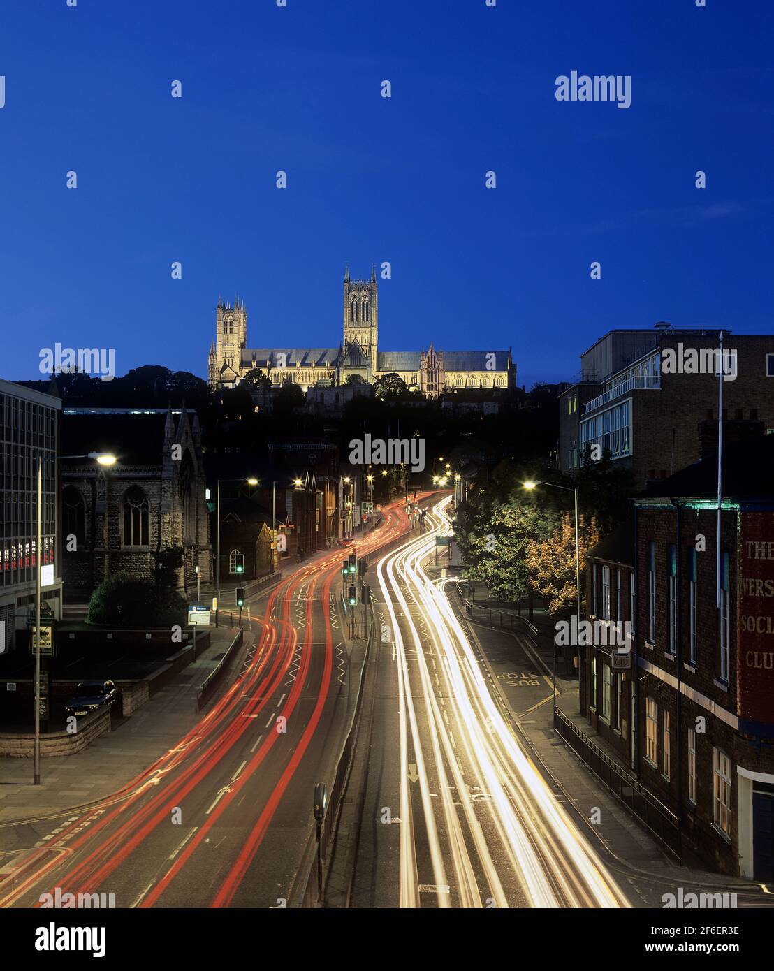 Traffic light trails and cathedral, Broadgate, Lincoln. Stock Photo