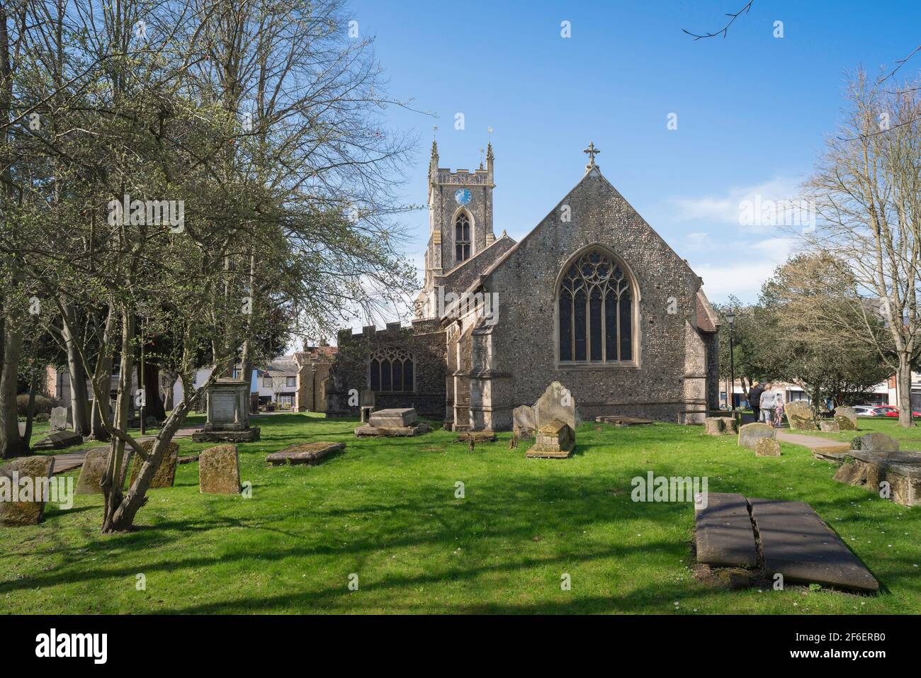 Halstead Church Essex, view of the church and churchyard of St Andrew's Parish Church in the historic Essex town of Halstead, UK Stock Photo