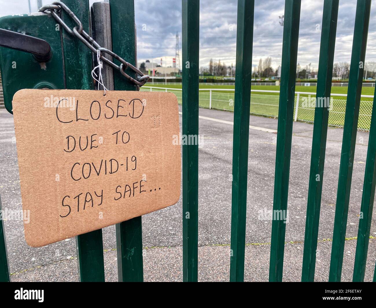 Playground closed due to covid19 coronavirus pandemic. Sports facilities closed to prevent virus spread. Non essential commerce shops also shutdown. Stock Photo
