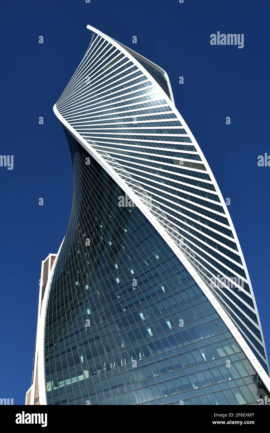 Moscow International Business Center. Evolution Tower, skyscraper on background of blue sky Stock Photo