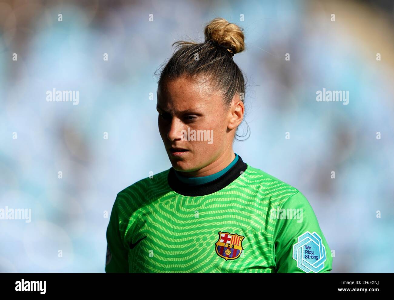 Barcelona goalkeeper Sandra Panos during the 2021 UEFA Women's Champions League match at the Manchester City Academy Stadium, Manchester. Picture date: Wednesday March 31, 2021. Stock Photo