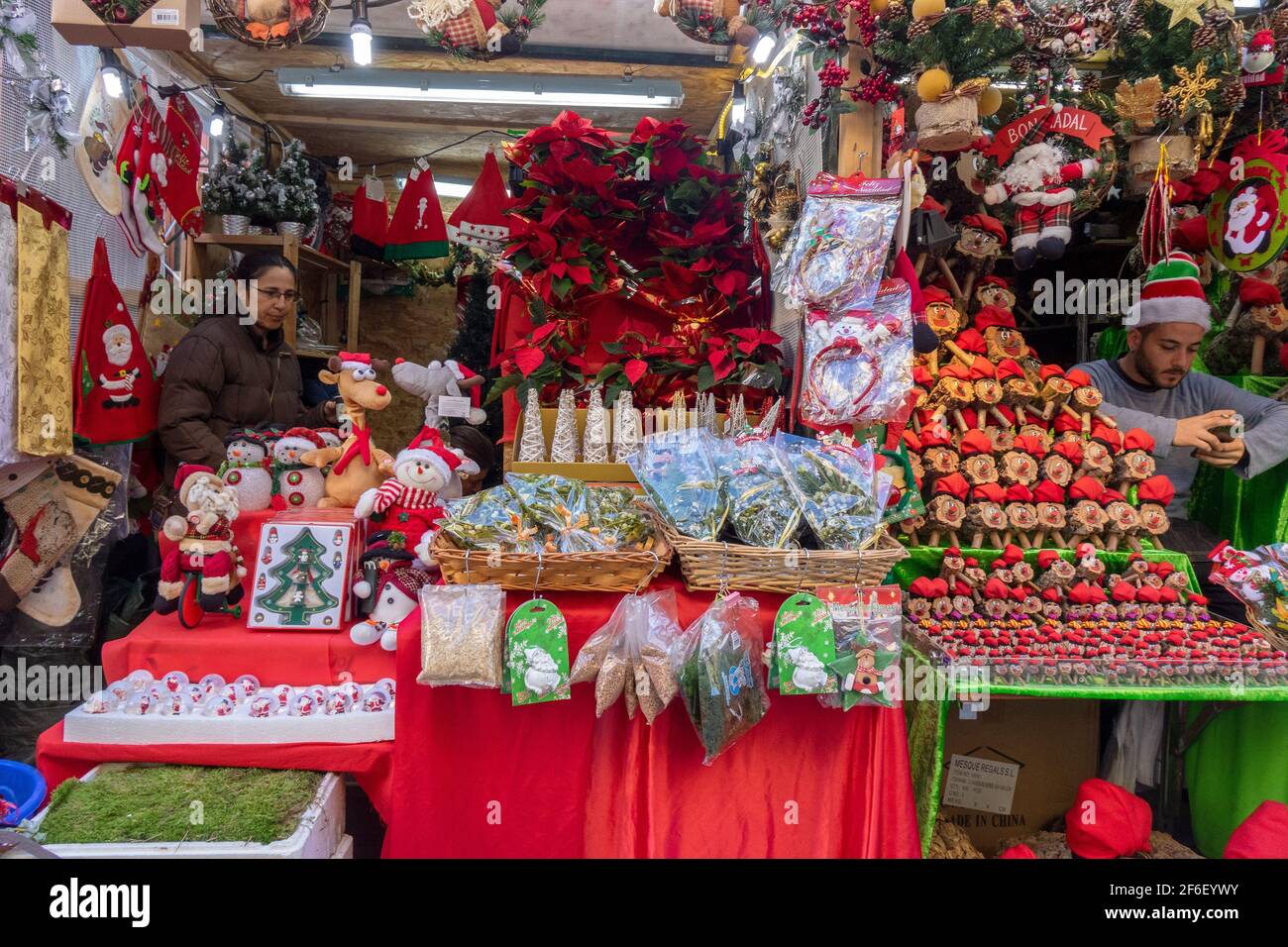 Barcelona Christmas Market Stall Selling Christmas Decorations Outside