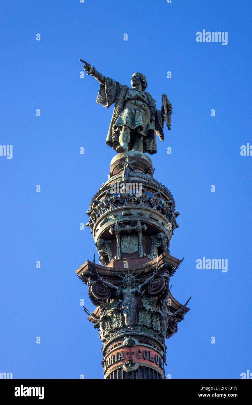The Columbus Monument With Christopher Columbus Statue On Top At La Rambla Barcelona Spain Stock Photo