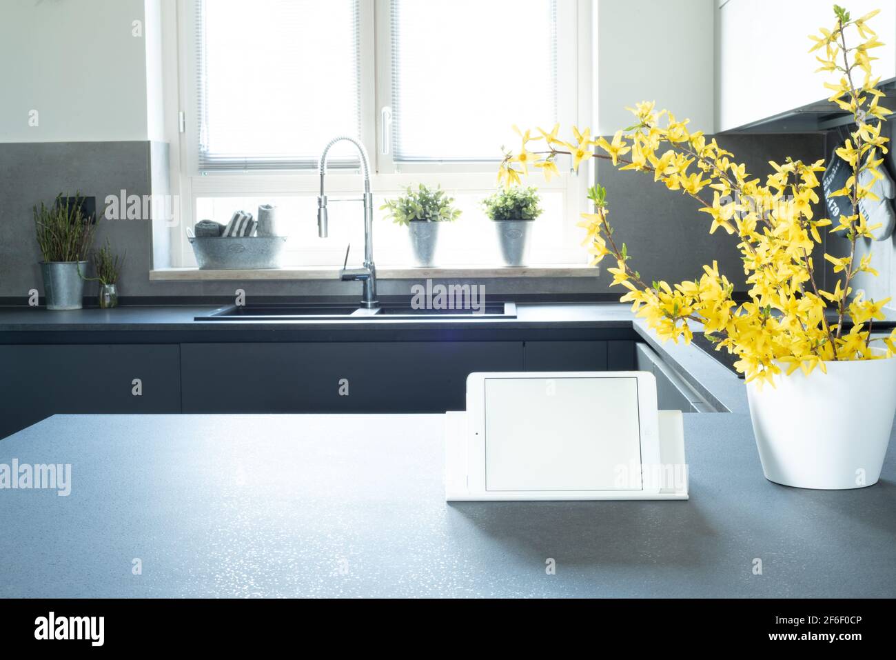 View of the modern kitchen. Mockup of a tablet with white blank screen over the kitchen table. Copy space. In the foreground branches of forsythia in Stock Photo